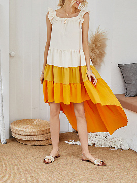 Yellow Contrast Ruffle Trim Cami Hi-Lo Dress