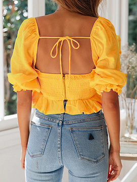 Yellow Plunge Open Back Puff Sleeve Blouse | Choies