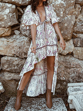 Beige Plunge Floral Print Flare Sleeve Hi-Lo Maxi Dress