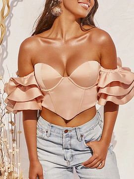 Pink Off Shoulder Layered Ruffle Sleeve Crop Top