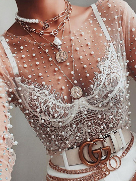 White Beaded Detail Long Sleeve Sheer 