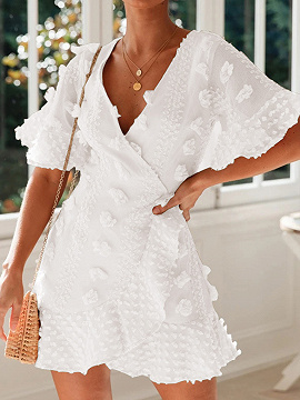 White V-neck Flare Sleeve Mini Dress