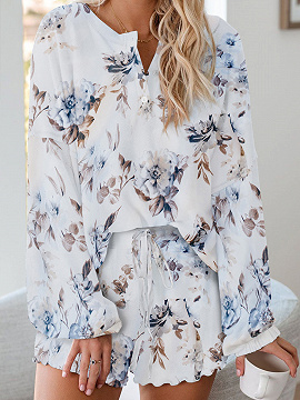White Floral Print Long Sleeve Top And Shorts