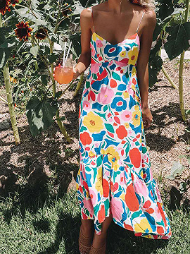 Polychrome V-neck Floral Print Cami Maxi Dress