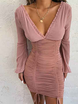 Pink V-neck Puff Sleeve Mini Dress