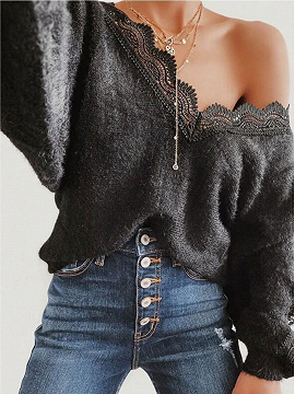 Black V-neck Lace Panel Long Sleeve Sweater