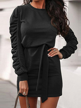 Black Tie Waist Long Sleeve Mini Dress