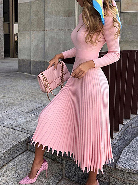 Pink Pleated Detail Long Sleeve Midi Dress
