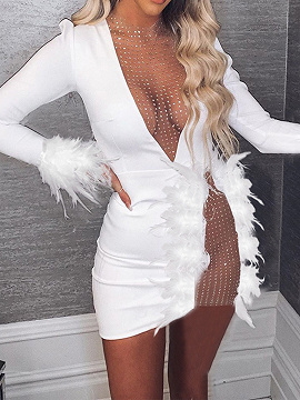 White Plunge Feather Detail Long Sleeve Mini Dress