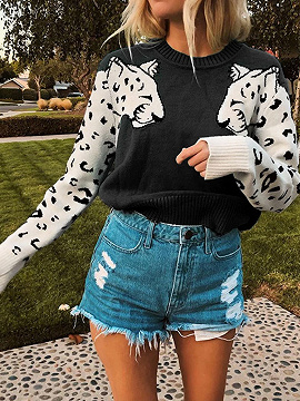 Black Leopard Print Panel Long Sleeve Sweater