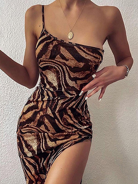 Khaki One Shoulder Tiger Print Cami Maxi Dress