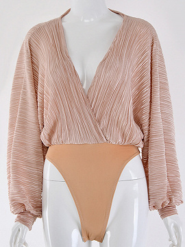 Beige Plunge Batwing Sleeve Bodysuit