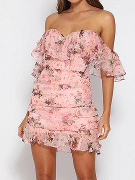 Pink Off Shoulder Floral Print Mini Dress