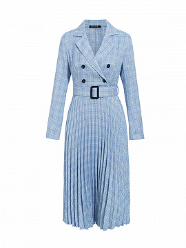 Blue Pleated Detail Long Sleeve Midi Dress