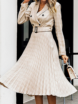 Beige Plaid Pleated Detail Long Sleeve Midi Dress | Choies