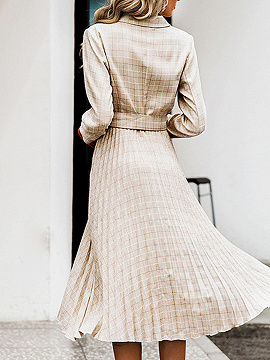 Beige Plaid Pleated Detail Long Sleeve Midi Dress | Choies