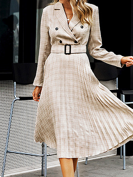 Beige Plaid Pleated Detail Long Sleeve Midi Dress | Choies