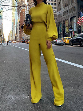 Yellow High Neck Long Sleeve Jumpsuit