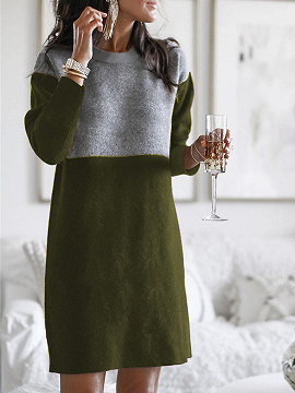 Green Contrast Long Sleeve Mini Dress