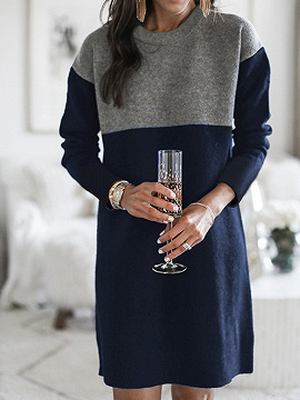 Blue Contrast Long Sleeve Mini Dress