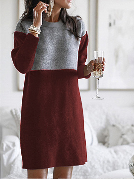 Burgundy Contrast Long Sleeve Mini Dress