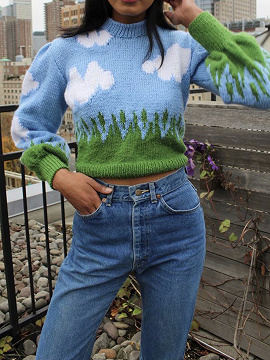 Blue Cloud Print Long Sleeve Crop Sweater