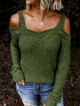 Suéter de manga larga con hombros descubiertos verde militar