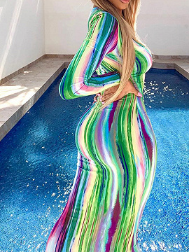 Multicolor Stripe V-neck Long Sleeve Maxi Dress