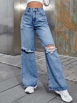 Blue Ripped high-waisted wide-leg casual denim pants