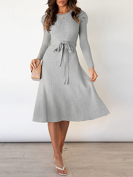 Gray Puffed sleeve high-waisted knit dress