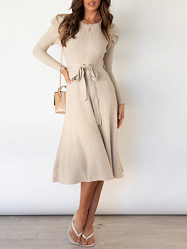 Beige Puffed sleeve high-waisted knit dress