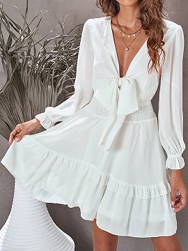 White V-neck peplum bow dress