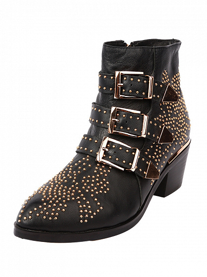 Black Pointed Stud Buckle Strap Ankle Boots