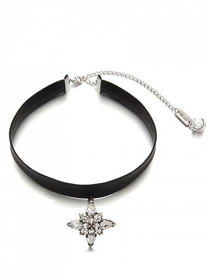 Leather Look Choker Necklace with Rhinestone Charm