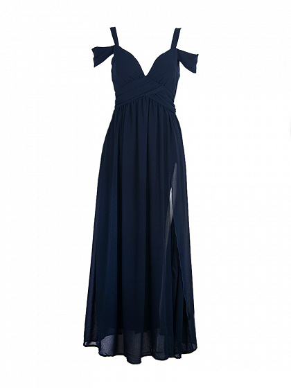 Cold Shoulder Wrap Maxi Prom Dress in Navy