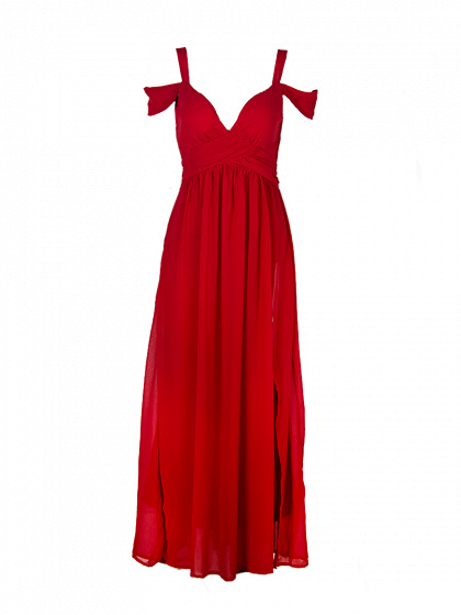 Cold Shoulder Split Maxi Prom Dress in Red