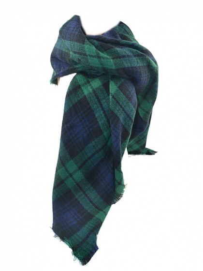 Green And Navy Plaid Raw Edge Scarf