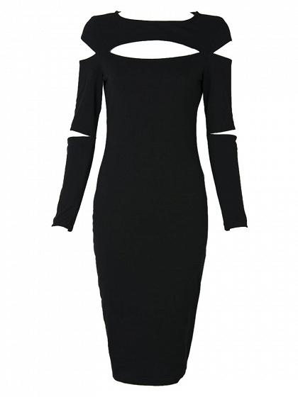 Schwarz Ausschnitt Langarm, figurbetontes Kleid
