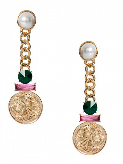 Golden Faux Pearl Facted Stone And Lion Plate Drop Earrings