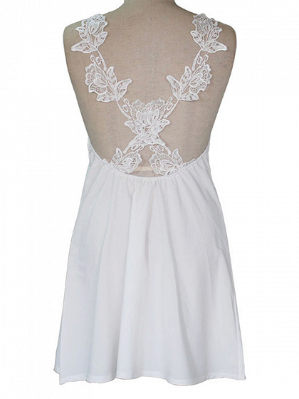 White V Neck Lace Floral Detail Cross Back A-line Dress