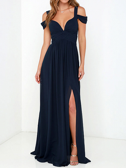 Cold Shoulder Wrap Maxi Prom Dress in Navy | Choies