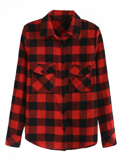 Red Plaid Pocket Detail Button Up Long Sleeve Shirt