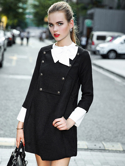 Black Contrast Tied Neck Long Sleeve Woolen A-line Dress