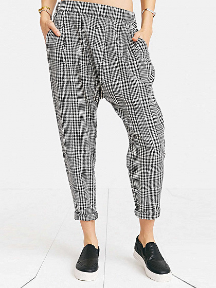 Monochrome Check Print Casual Tapered Pants