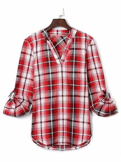 Wein-Rot-Plaid V-Ausschnitt, asymmetrischer Saum Langarm-Shirt