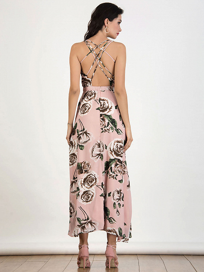 Pink V-neck Rose Print Strappy Backless Split Maxi Dress | Choies