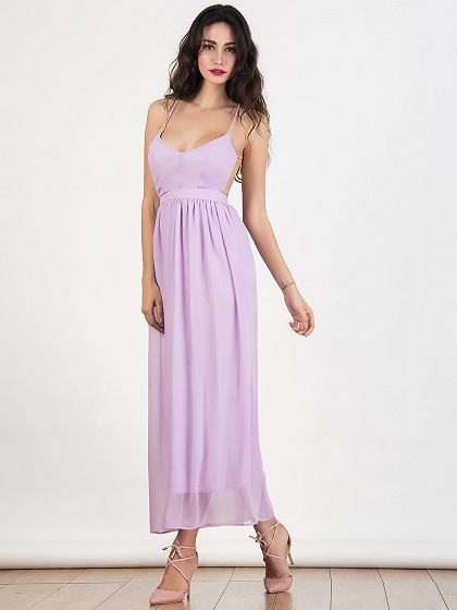 Light Purple V-neck Cross Backless Cami Maxi Chiffon Dress | Choies