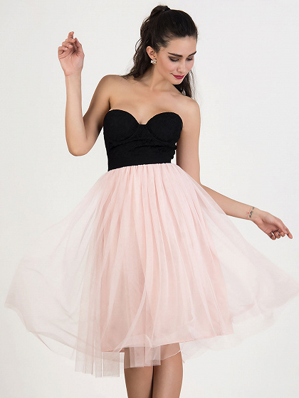 Color Block Strapless Lace Overlay Tulle Panel Midi Dress