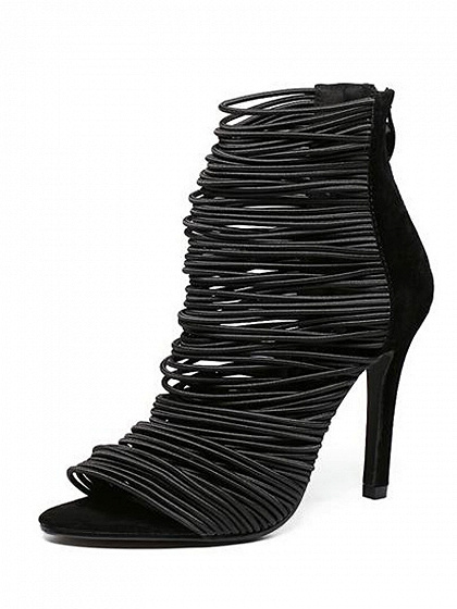 Black Suedette Peep Toe Caged Heeled Shoes