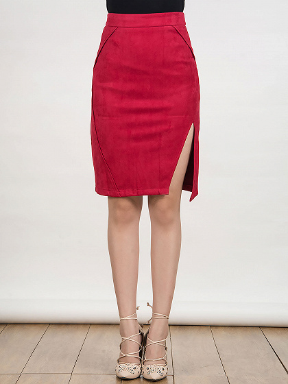 Red Split Side Zip Back Plain Pencil Skirt